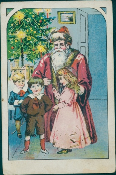 Glitter Ak Merry Christmas Santa Claus Kinderen Fir Tree