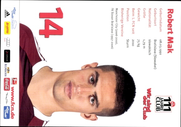 Autograph card footballer Robert Mak, 1. FC Nuremberg, autograph