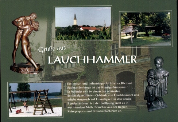 Postcard Lauchhammer in Lower Lusatia, sculpture pair, art casting museum, information about Lauchhammer