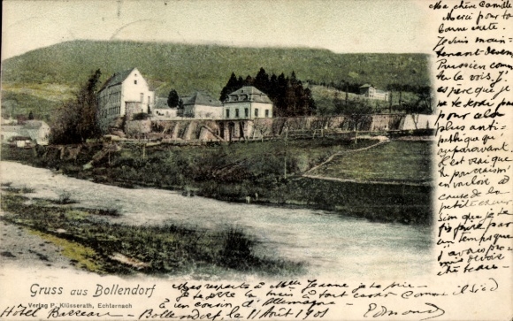Postcard Bollendorf in the Eifel Palatinate, view over a river to ancient buildings