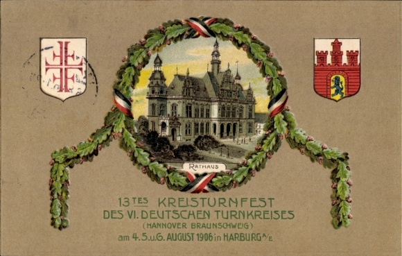 Wappen Litho Hamburg Harburg, 13. Kreisturnfest des VI. Dt. Turnkreises Hannover Braunschweig 1906