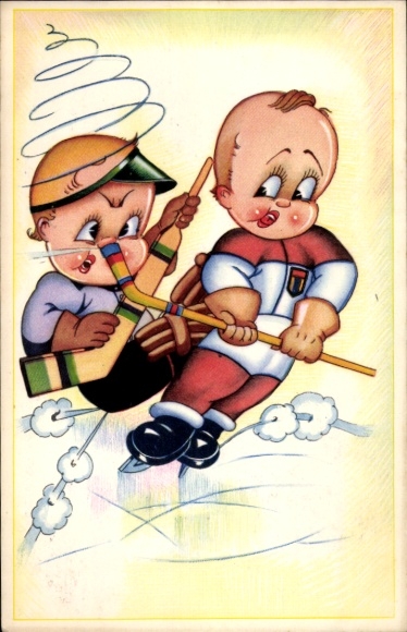 Postcard Children play ice hockey, boy gets the stick against his nose