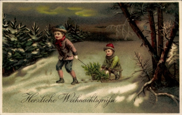Postcard Merry Christmas, Two boys with sleigh and Christmas tree