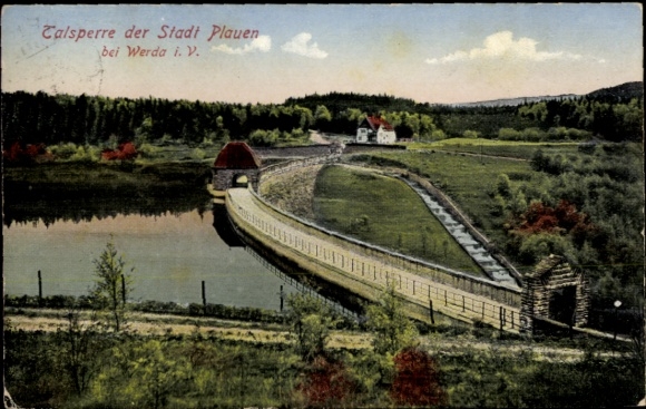 Postcard Pöhl Vogtland, dam of the city of Plauen, general view, road, dam wall, reservoir