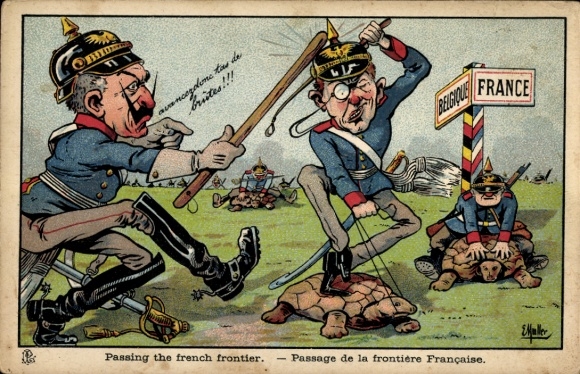 Artist Postcard Passing the French Frontier, Kaiser Wilhelm II, Belgium, turtles
