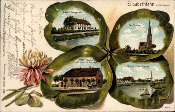 Kleeblatt Chromo-Litho Elisabethfehn Barßel in Lower Saxony, church, inn, post office