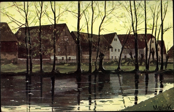 Künstler Ak Mailick, Burgwaldwiel im Schwalmtal, Blick übers Wasser auf den Ort, Wohnhäuser