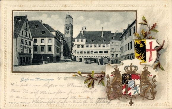 Embossed Passepartout Coat of Arms Postcard Memmingen in Swabia, Square, Shops