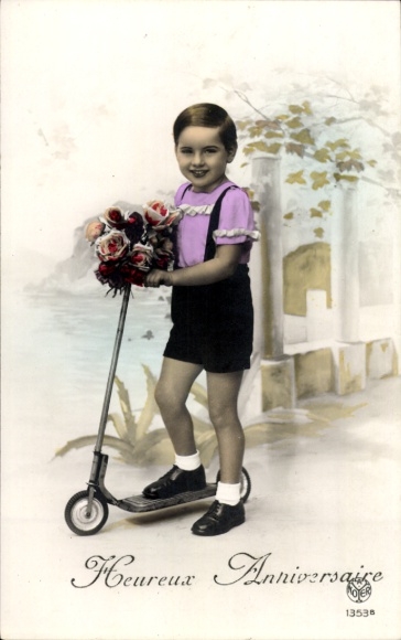 Ak Glückwunsch Geburtstag, Junge auf einem Roller