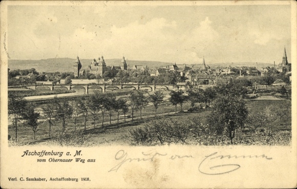 Postcard Aschaffenburg in Lower Franconia, general view from Obernauer Weg