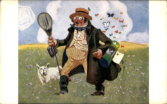 Art Nouveau artist Postcard Osswald, Autumn's colorful prey, man wants to catch butterflies