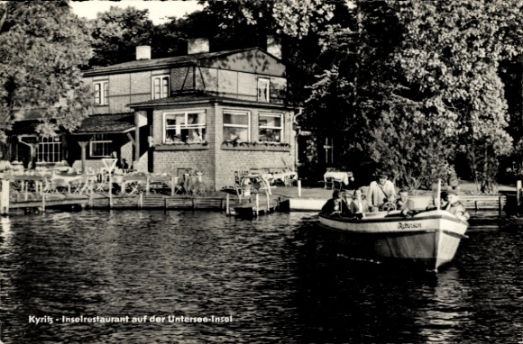 Postcard Kyritz in the Prignitz, island restaurant on the Untersee island, boat