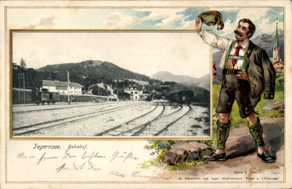 Präge Passepartout Ak Tegernsee in Oberbayern, Bahnhof, Mann in Tracht