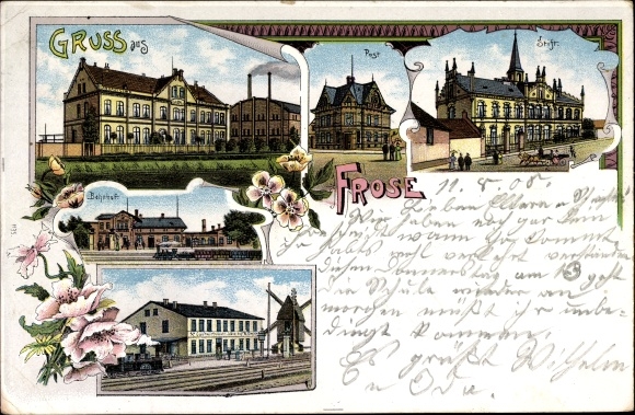 litho Frose in Anhalt, treinstation, Gasthof Glück auf, Post, Stift