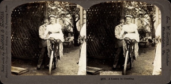 Stereo Photo A Lesson in Coasting, A Lesson in Speeding, Young woman on a bicycle