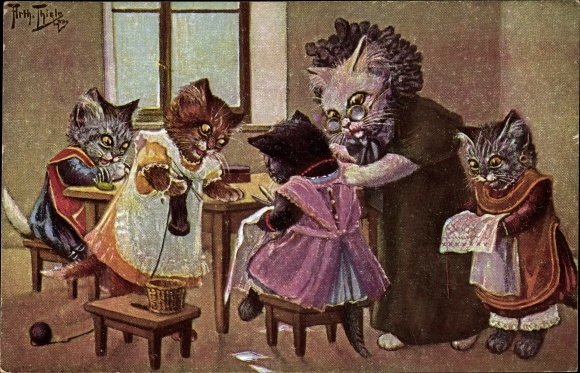 Artist Postcard Thiele, Arthur, humanized cats, sew, knit, embroider, grandmother