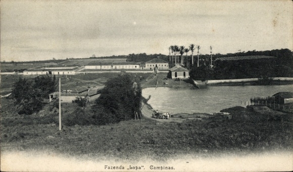 Ak Campinas Brasilien, Fazenda bapa, Landschaft, Wasser, Gebäude, Bäume