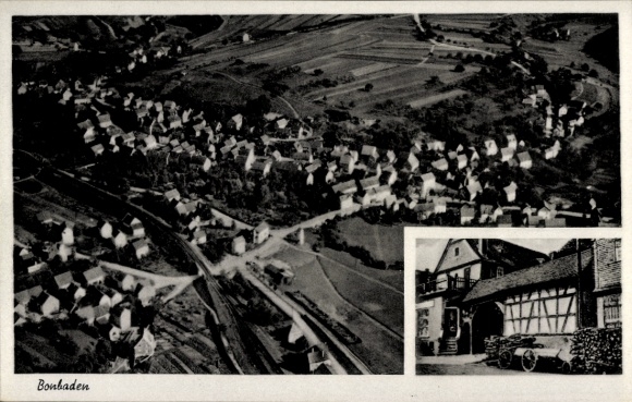 Postcard Bonbaden Braunfels an der Lahn, aerial photograph, Wilhelm Bernhardt general store