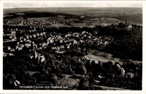 Postcard Königstein im Taunus, aerial photograph of Taunus, black and white, city view, castle ruins