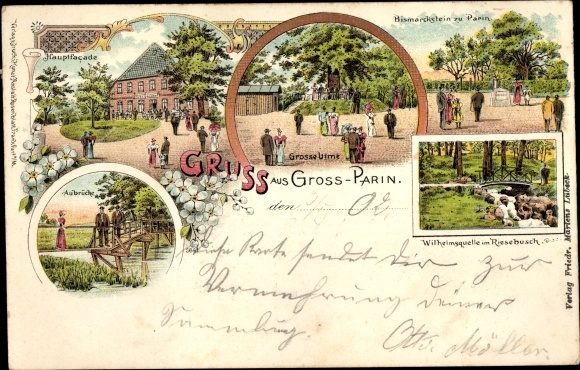 Litho Groß Parin Bad Schwartau in Holstein, Große Ulme, Wilhelmsquelle im Riesebusch, Bismarckstein