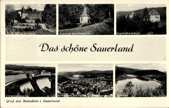 Ak Attendorn in het Sauerland, kasteel Schnellenberg, Waldenbrunn kapel, jeugdherberg, Listertalsperre