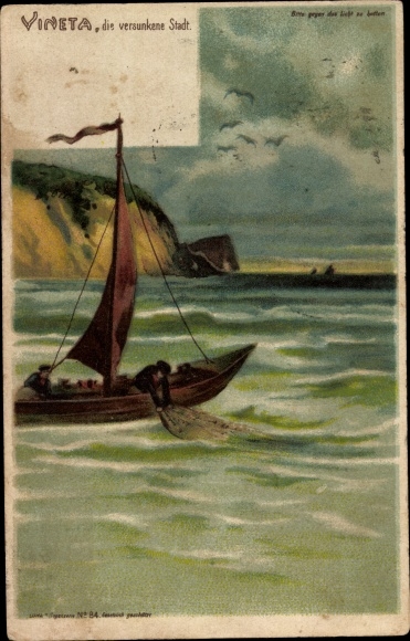 Halt against the light Chromo-Litho Vineta, the sunken city in the Baltic Sea, fishing boat
