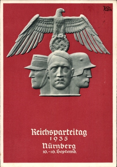 Kunstenaar Ak Klein, R., NSDAP-nazi-partijbijeenkomst 1935, buste van Adolf Hitler, Reichsadelaar, SA en SS