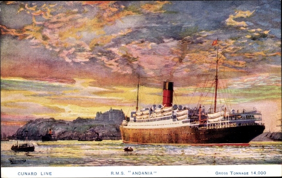 Kunstenaar Ak Stoom boot RMS Andania, Cunard Line