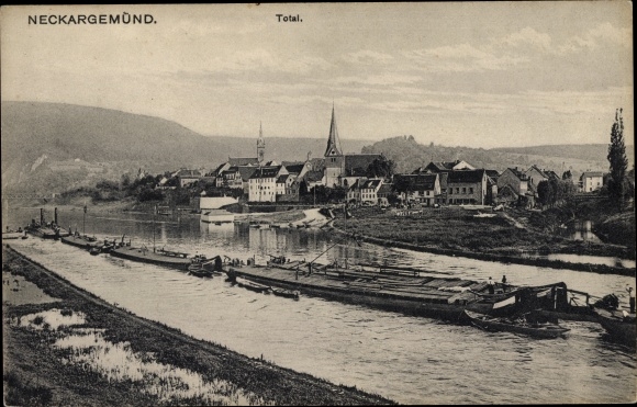 Postcard Neckargemünd in Baden Württemberg, general view of the city, barges on the Neckar