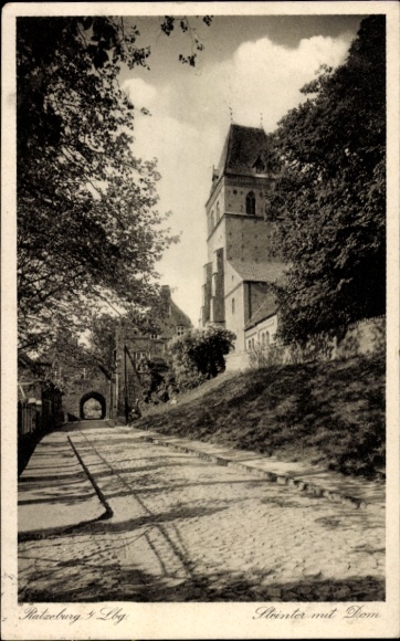 Ak Ratzeburg im Herzogtum Lauenburg, Straße mit Kopfsteinpflaster, Dom im Hintergrund, Bäume, alt