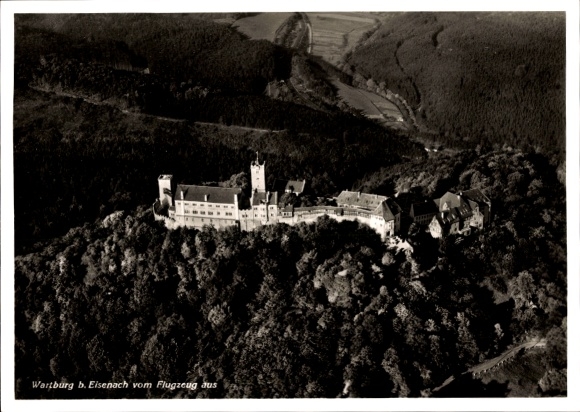 Postcard Lutherstadt Eisenach in Thuringia, Wartburg, aerial view of the Wartburg, surrounded by forests and