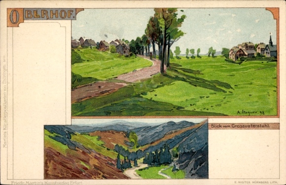 Artysta lito Stagura, Oberhof w Lesie Turyńskim, widok z Grossvaterstuhl, częściowy widok na wieś