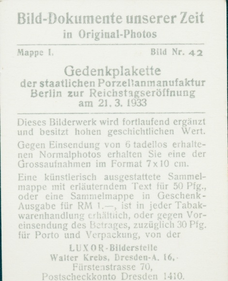 Collective picture picture documents of our time 42, commemorative plaque, porcelain factory, Reichstag opening