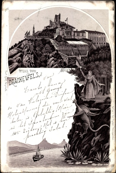 Litho Königswinter im Rhein Sieg Kreis, Drachen und Märchenfiguren nahe des Drachenfelsens, Burg