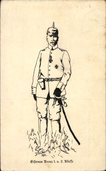Artist Postcard German soldier in uniform, Iron Cross 1st and 2nd class, student drawing