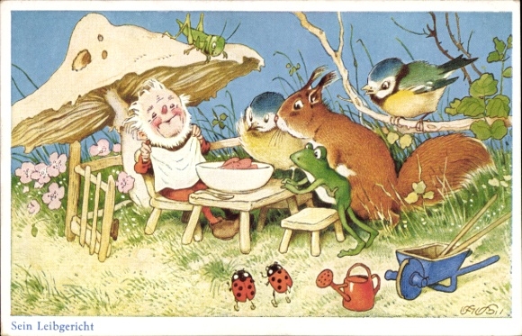 Artist Postcard Baumgarten, Fritz, His Favorite Dish, Dwarf, Tit, Squirrel, Grasshopper, Frog