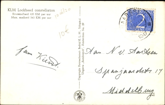 Postcard Dutch passenger plane, The Flying Dutchman, KLM, Lockheed constellation