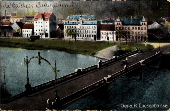 Ak Gera in Thüringen, Aussicht auf die Eliesenbrücke, Stadtansicht, Wasser, Gebäude