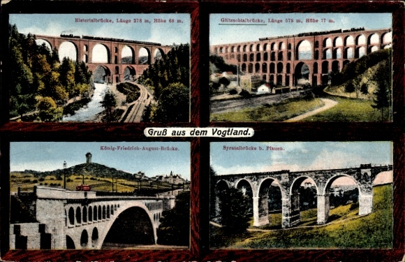 Postcard Vogtland, Göltzschtal Bridge, Elstertal Bridge, King Friedrich August Bridge, Syratal Bridge