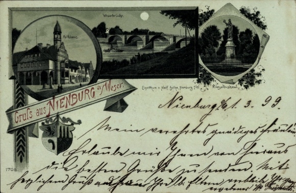 Mondschein Litho Nienburg an der Weser, Gesamtansicht, Rathaus, Weserbrücke