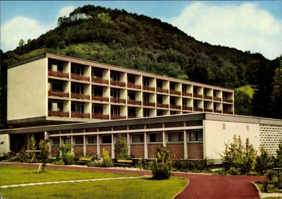 Postcard Bad Ditzenbach in Württemberg, spa center, surrounding mountains, modern building, gardens