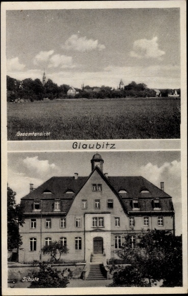 Postcard Glaubitz on the Elbe, general view, school