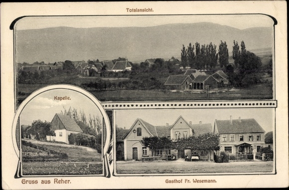 Postcard Reher Aerzen im Lipper Bergland, inn, chapel, total view