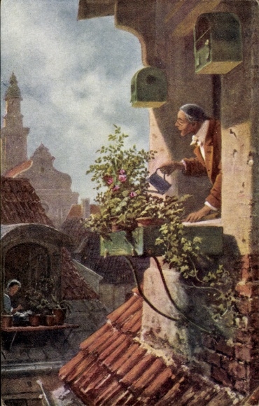 Artist Postcard Spitzweg, Old bachelor, man watering flowers