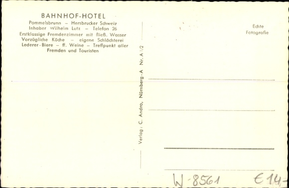 Postcard Pommelsbrunn in Middle Franconia, Bahnhof Hotel, owner Wilhelm Lutz, Restaurant