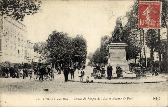 Postcard Choisy Le Roi Val de Marne, Statue de Rouget de l'Isle et Avenue de Paris