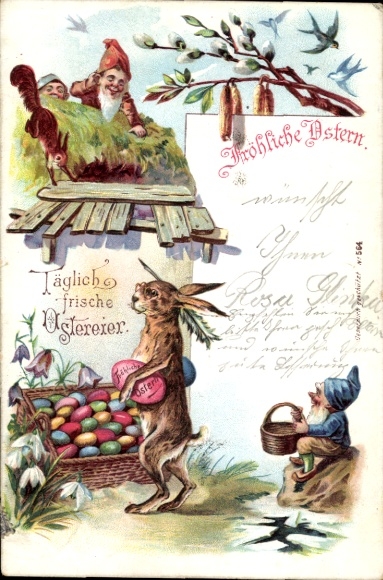 Litho Glückwunsch Ostern, Ostereierkorb, Osterhase als Maler, Zwerge