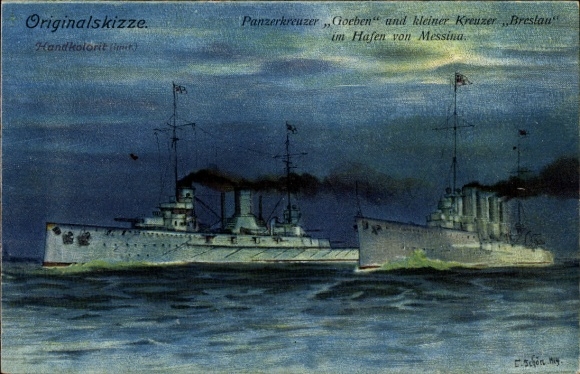Ak Messina Sicilia Sizilien, Deutsche Kriegsschiffe, Panzerkreuzer Goeben u. kleiner Kreuzer Breslau