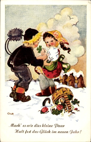 Kunstenaar Ak Chott, Gelukkig nieuwjaar, geliefden, schoorsteenveger, mand, klavertje vier, paddenstoelen
