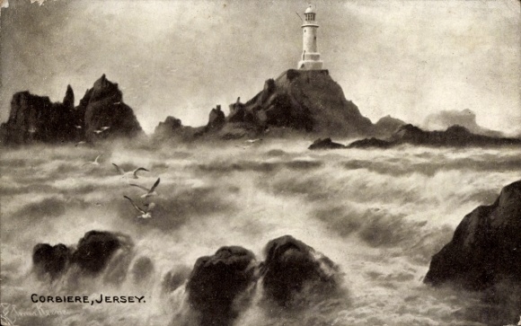 Postcard Gorey Jersey Channel Islands, lighthouse, surf